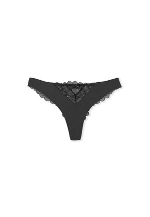 Schwarzer Spitzen-String mit gezackten Kanten und einer kleinen Schleife in der vorderen Mitte des Bunds.