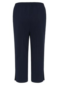 Marineblauwe broek met een elastische taille, korte lengte, rechte benen en zijsplitten voor meer bewegingsvrijheid. Glad materiaal.