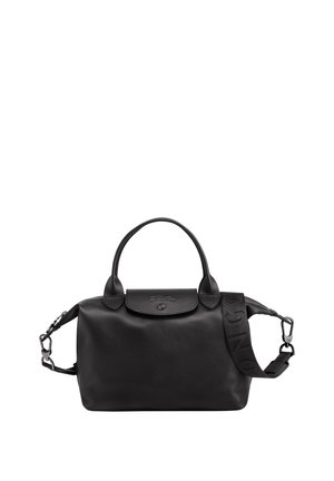 Black leather handbag with dual top handles and a removable shoulder strap featuring logo accents. Smooth texture, minimalist design.