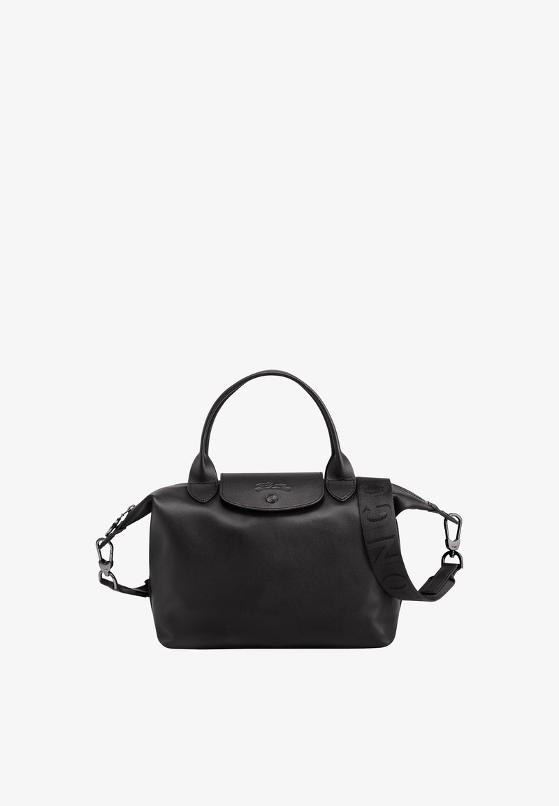 Black leather handbag with dual top handles and a removable shoulder strap featuring logo accents. Smooth texture, minimalist design.