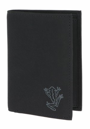 Portefeuille noir bifold avec un design minimaliste en contour de grenouille dans le coin inférieur droit, fabriqué en matériau lisse.