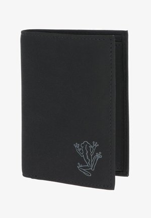 Black bifold wallet with a minimalistic frog outline design on the lower right corner, made of smooth material.