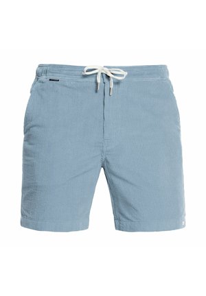 Lichtblauwe corduroy korte broek met elastische tailleband en wit trekkoord, steekzakken aan de voorkant en een klein logolabel vlak bij de zoom.