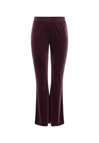 Bourgognefarvede fløjlsbukser med vidde, elastisk taljebånd, glat tekstur og afslappet pasform. Justerbare for komfort og nem brug.