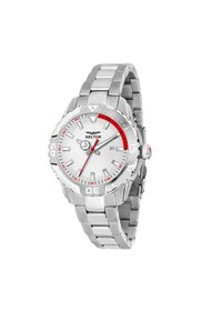 Orologio in acciaio inox argentato con cassa rotonda, quadrante bianco, dettagli rossi e bracciale in metallo. Presenta marcatori luminosi e un display della data.