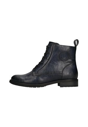 Schwarzer Leder-Schnürstiefelette mit niedrigem Absatz und Logo, das auf der Außenseite nahe dem oberen Bereich geprägt ist.
