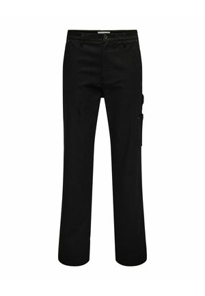 Pantalons cargo noirs en coton au design droit, avec une poche latérale, une fermeture à bouton et de subtils détails de couture.