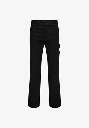 Mustad mustriga mustad puuvillased cargo-püksid, sirge jala disainiga, külje tasku, nööbiga kinnitamine ja peened õmblusdetailid.