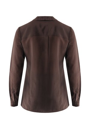 Bruin langarm shirt met een gladde textuur, knoopmouwen, gespitsde kraag en een rugnaad. Heeft een rechte zoom.