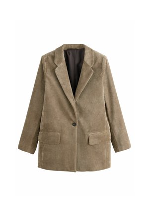 Brun manchestersak med en enkel knappstängning, kört lapeller och två framfickor. Mjuk textur med vertikala ribbningar.