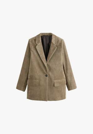 Blazer en velours côtelé brun avec une fermeture à un bouton, des revers crantés et deux poches plaquées à l'avant. Texture douce avec des côtes verticales.