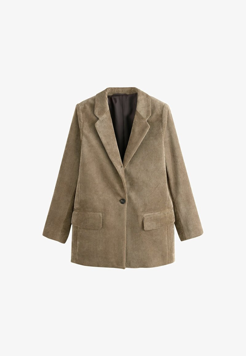 Bruine corduroy blazer met een enkele knoopsluiting, ingesneden revers en twee voorste opgestikte zakken. Zachte textuur met verticale ribbels.
