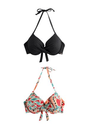 Două topuri de bikini halter; unul negru texturat, unul multicolor cu modele abstracte de frunze roșii, turcoaz și bej.