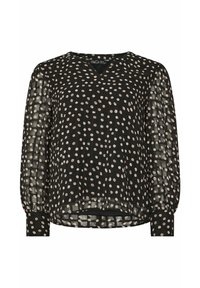Blusa nera con scollatura a V, realizzata in un tessuto trasparente con pois bianchi. Le maniche sono gatherate e gonfiate ai polsini.
