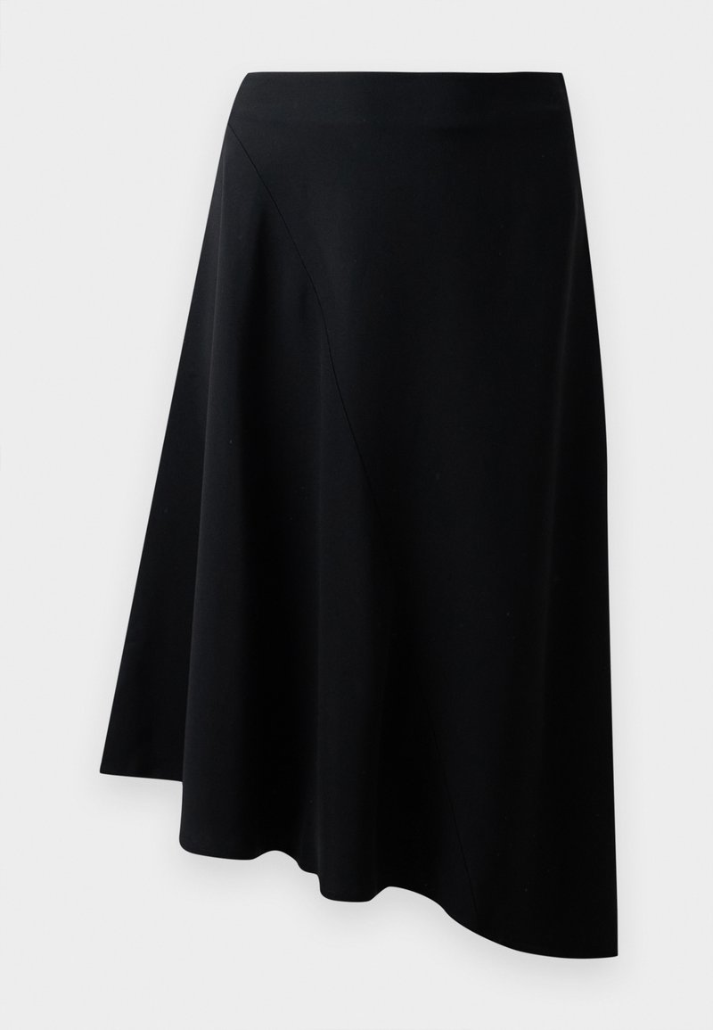 Black A-line skirt made of smooth material, featuring a diagonal seam detail and a flowy design that drapes lightly at the hem.