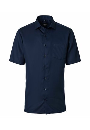 Marineblauw kortärmelig overhemd met knopen, met een borstzak en een klassieke kraag, getoond op een witte achtergrond.