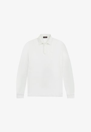 Witte lange mouwen polo met een kraag en een drie-knopen sluiting, weergegeven op een effen witte achtergrond.