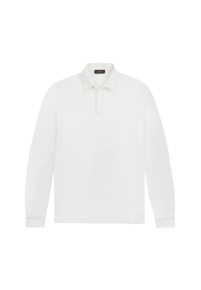 Polo shirt bianco a maniche lunghe con colletto e patta a tre bottoni, esposto su uno sfondo bianco semplice.