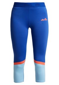 Modré sportovní legíny s světlými modrými a oranžovými akcenty. Vyrobené z hladkého, elastického materiálu, s logem na stehně.