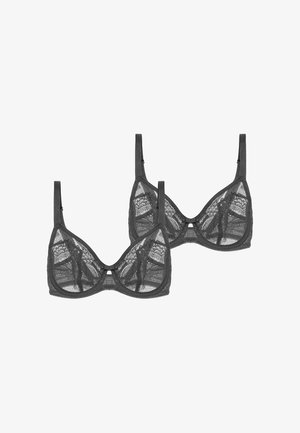 Sæt med to sorte blonder undertrøjer med bøjle og justerbare stropper, der har delikate blomsterprint og semitransparent stof.