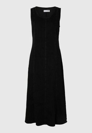 Zwart denim mouwloos jurk met een ronde halslijn, verticale stikdetails en een uitlopende zoom. Eenvoudig, niet-versierd ontwerp.