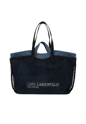 Große Tragetasche mit schwarzer Netz-Außenschicht und blauem Stoff-Innenraum, ausgestattet mit zwei schwarzen Griffen und einem kleinen inneren Griff.