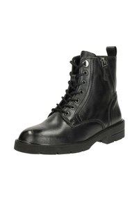 Zwarte leren enkellaars met vetersluiting aan de voorkant, gewatteerde kraag, zijrits en een robuuste rubberen zool. Heeft gestikte details en een ronde neus.