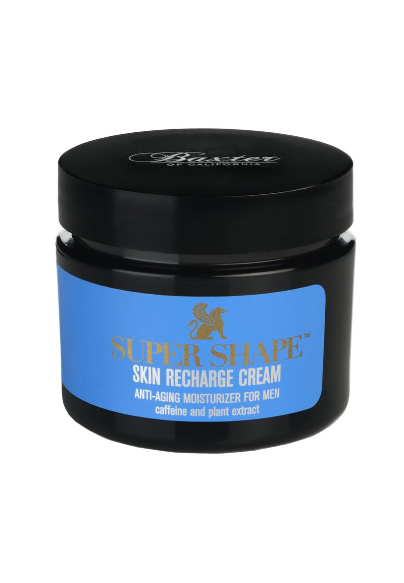 Bocal cylindrique noir avec une étiquette bleue comportant un texte doré. L'étiquette indique "Crème Recharge de Peau Super Shape", suggérant des propriétés anti-âge.
