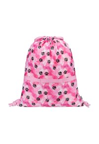 Borsa a coulisse rosa con un motivo a impronte di zampa. Il materiale ha una finitura lucida. Include una tracolla solida di colore rosa nella parte centrale.