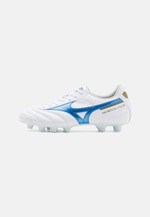 White soccer cleat with blue accents, featuring a smooth leather upper, textured surface, and molded studs for traction. "Morelia Club" branding present.