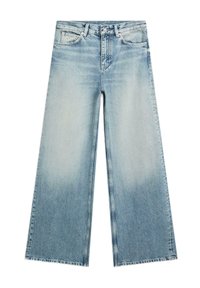 Lyseblå vid formede denimjeans med falmet område på forsiden af lårene, forlommer og knaplukning i taljen.