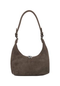 Brown suede shoulder bag with a curved top zipper and a single adjustable strap with metal hardware.