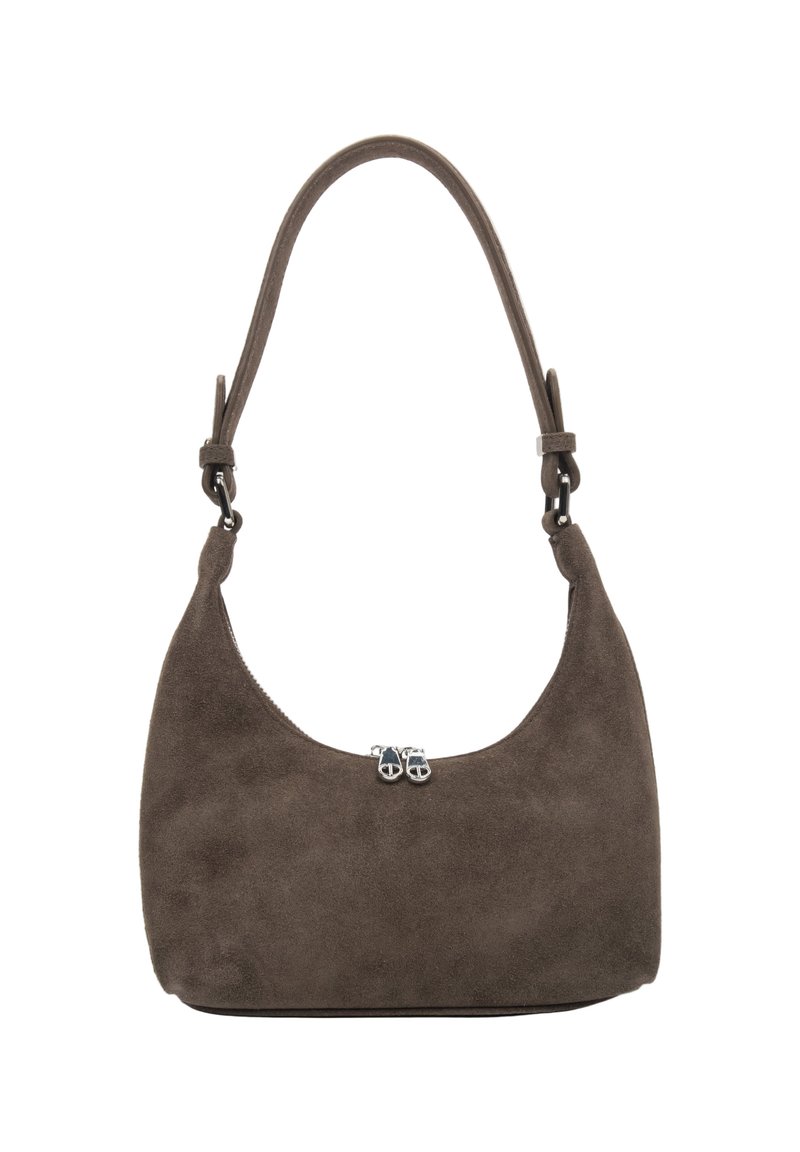 Brown suede shoulder bag with a curved top zipper and a single adjustable strap with metal hardware.