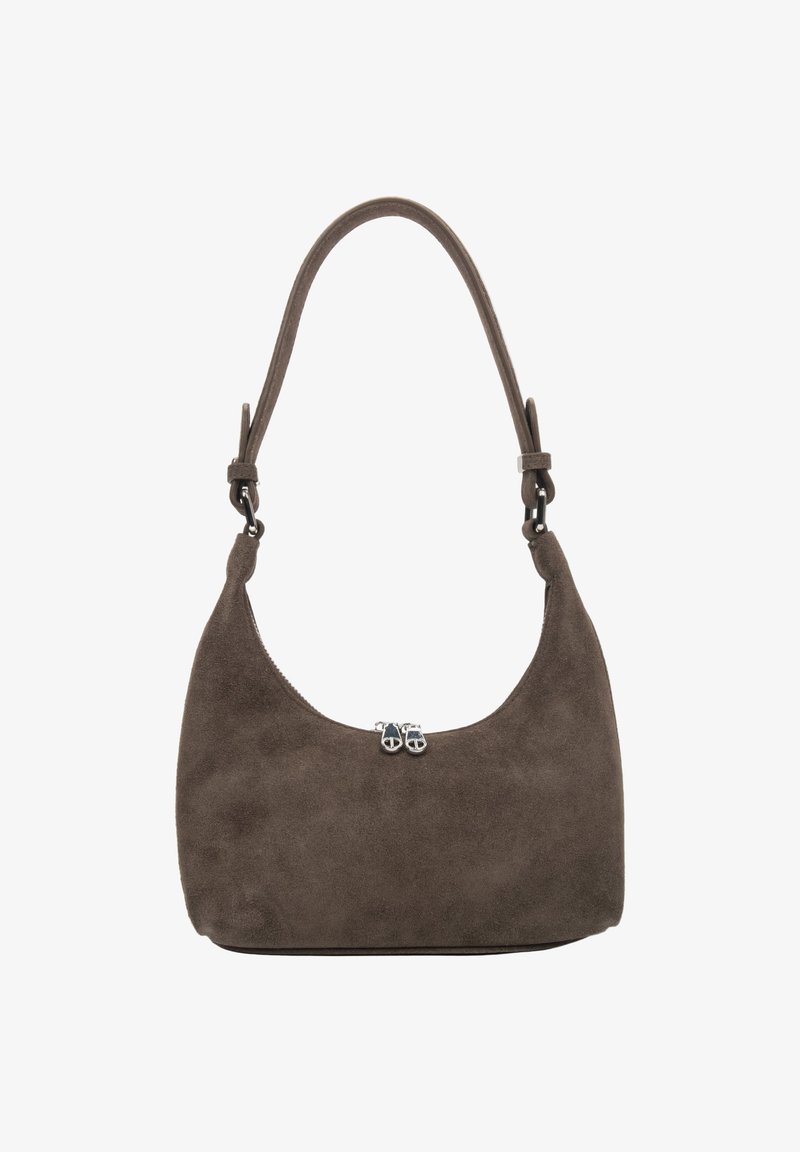 Brown suede shoulder bag with a curved top zipper and a single adjustable strap with metal hardware.