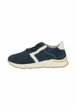 Navy blue and white suede sneaker with black laces, perforated details, and a white sole with beige tread and heel accent.