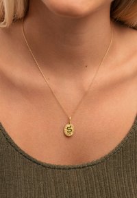 Collar de oro con un colgante ovalado, que presenta un diseño de serpiente verde y pequeños acentos decorativos. Cadena delgada y detalle texturizado en el colgante.