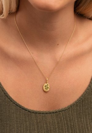 Collar de oro con un colgante ovalado, que presenta un diseño de serpiente verde y pequeños acentos decorativos. Cadena delgada y detalle texturizado en el colgante.