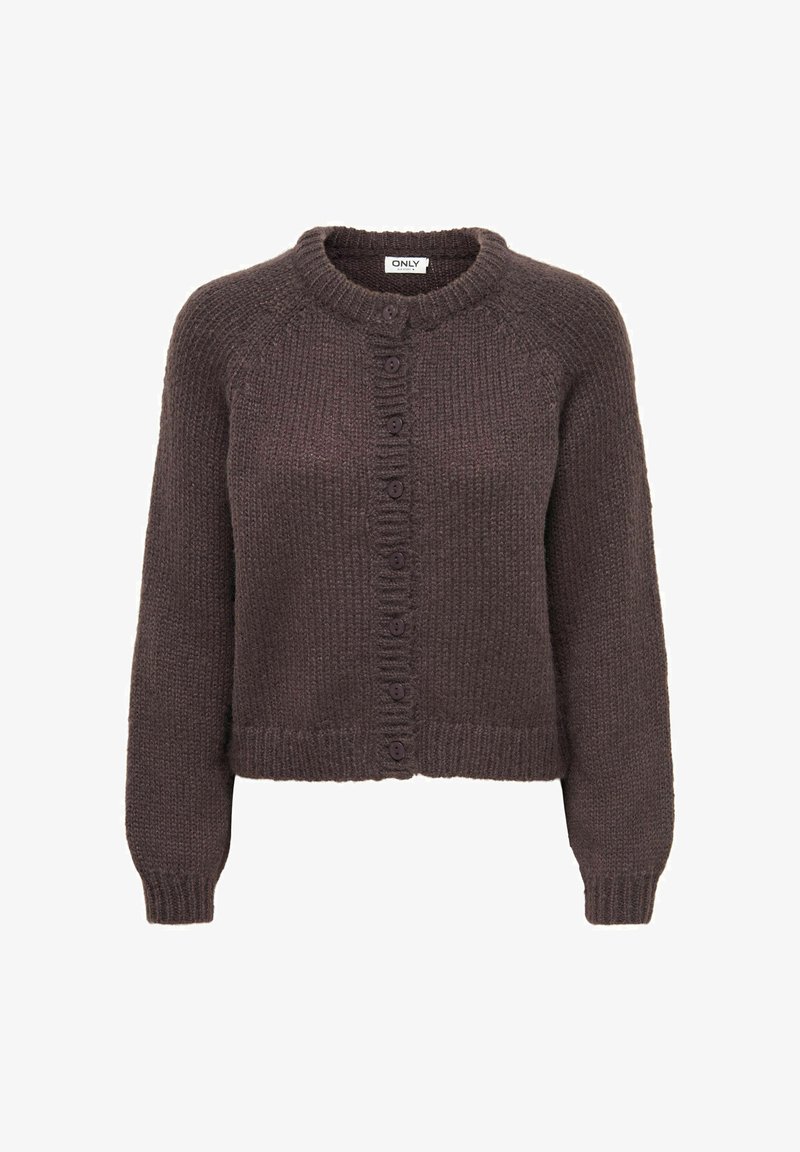 Cardigan en maille marron foncé avec boutons, manches longues, poignets et ourlet côtelés, étiqueté "ONLY" au col.