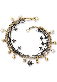Bracciale a più strati con anelli dorati e neri, ciondoli a forma di stella e perline rotonde, dotato di chiusura per una vestibilità sicura.