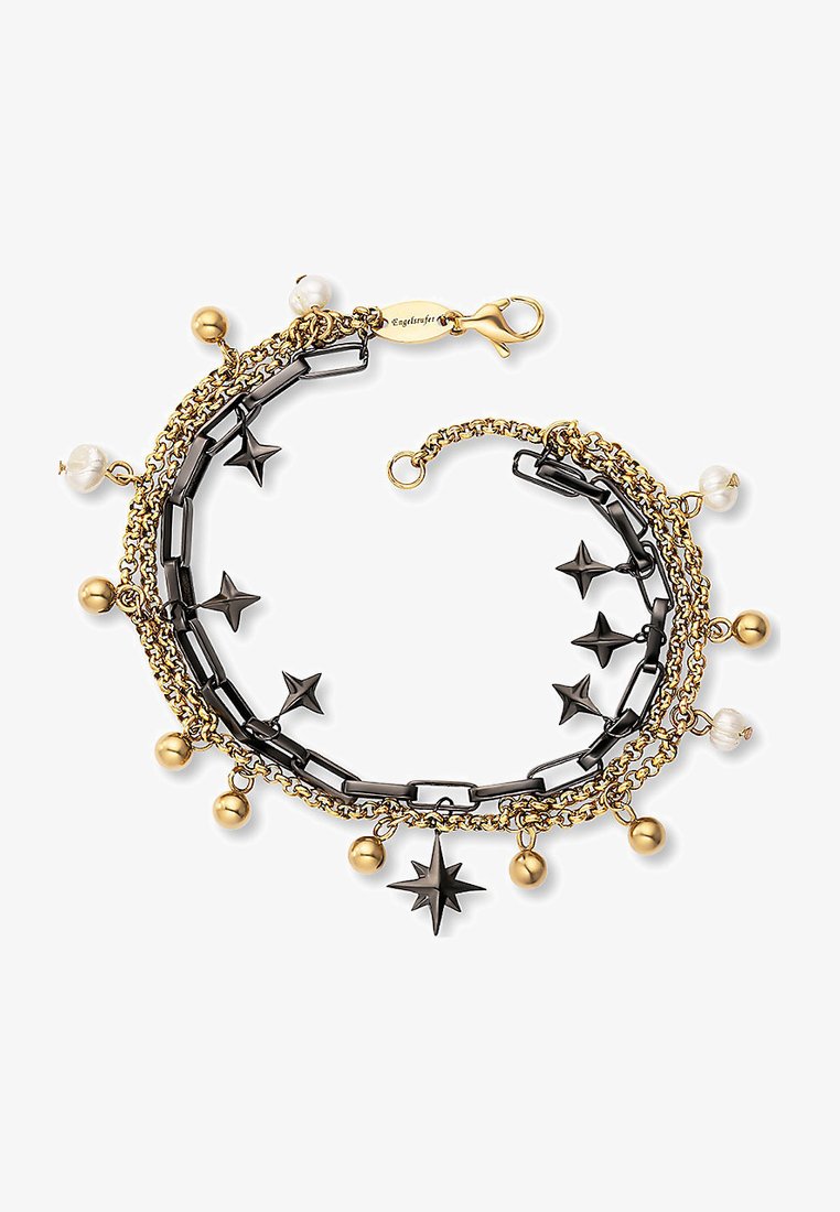 Bracciale a più strati con anelli dorati e neri, ciondoli a forma di stella e perline rotonde, dotato di chiusura per una vestibilità sicura.