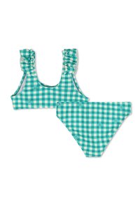 Σετ μπικίνι με σχέδιο γκίνχαμ σε τυρκουάζ και λευκό, με τοπ που έχει ραμμένους βολάν στα τιράντες και αντίστοιχο κάτω μέρος, κατασκευασμένο από απαλό, ελαστικό ύφασμα.