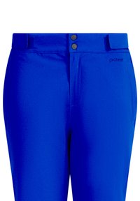 Blauwe broek met een gladde textuur. Voorzien van twee knopen in de taille en een merkl logo op de zijkant. Eenvoudig en aansluitend ontwerp.