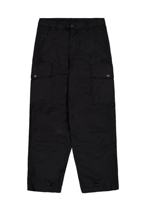 Black cargo pants with front button and zipper, side flap pockets with buttons, and adjustable drawstrings at the hems.