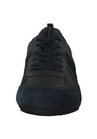 Navy athletic shoe with a mesh and leather upper, textured suede sections, and flat laces. Features rubber outsole and padded collar.