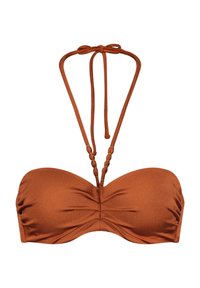 Top bikini bandeau marrone realizzato in tessuto liscio. Presenta un centro arricciato, lacci regolabili al collo e un design semplice senza hardware.
