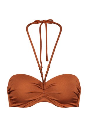 Bikini haut bandeau marron en tissu lisse. Doté d'un centre froncé, de liens réglables au cou et d'un design simple sans accessoires.
