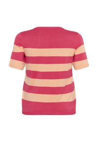 Camiseta de manga corta a rayas en rosa y beige, con rayas horizontales, cuello redondo y una textura de punto suave.