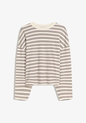 Long-sleeve crew neck shirt in cream with horizontal maroon stripes, featuring a relaxed fit and soft, smooth fabric texture.