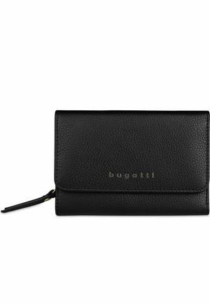 Portafoglio nero in pelle testurizzata con chiusura a pattina, cursore della cerniera sul lato e logo "bugatti" in piccole lettere argentate sul davanti.