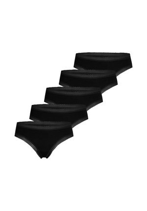 Ensemble de cinq culottes noires pour femmes avec bordure en dentelle à la taille et aux ouvertures des jambes, disposées en couches superposées.